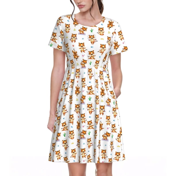 Easygdp Tigers go in for Sports para Vestido Transpirable de Mujer, Vestido Suelto de Manga Corta con Pliegues y Bolsillos para el Verano