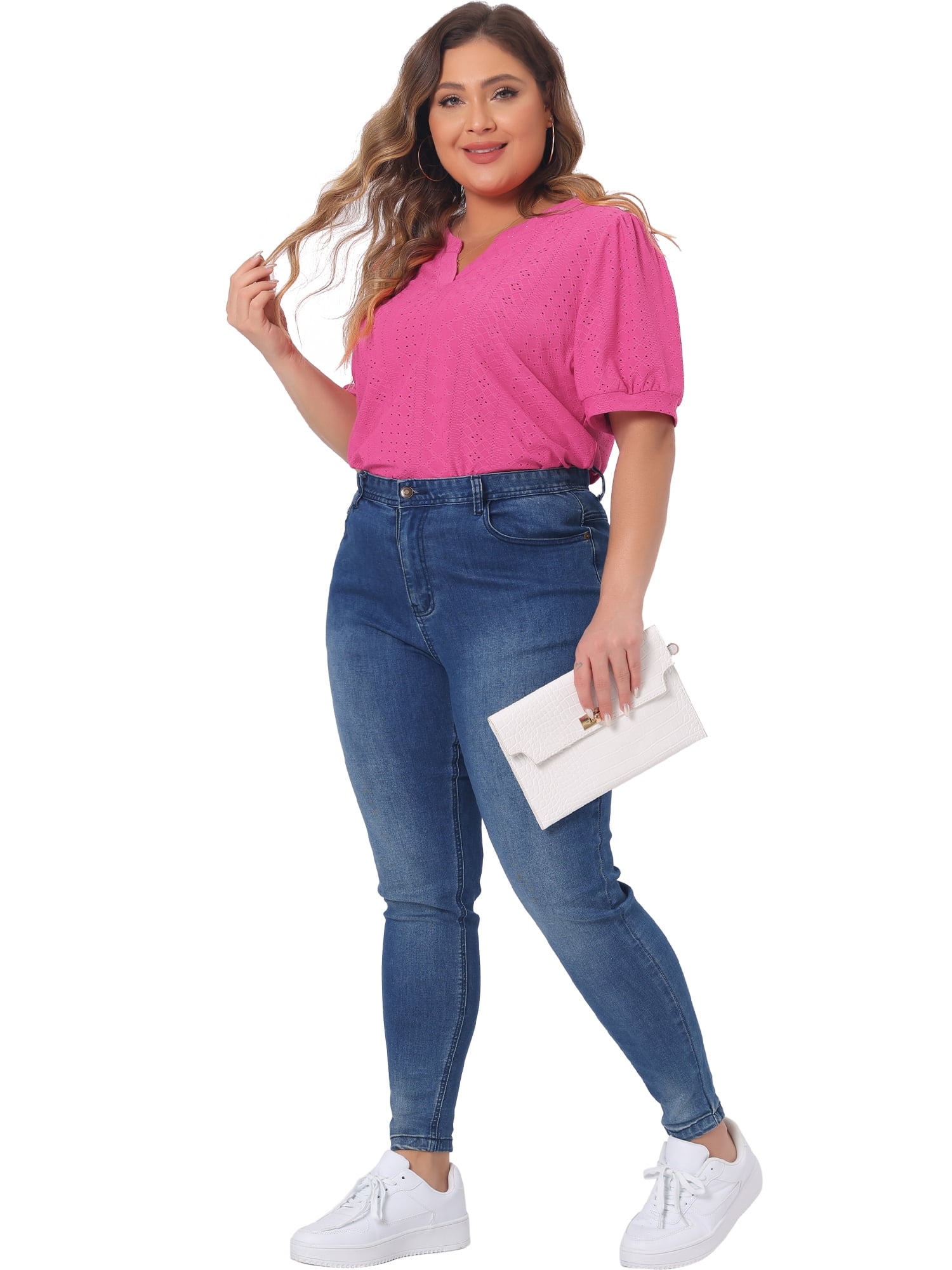 Women's Plus Tops Hollow Casual V Neck Short Sleeve Summer Blouse Shirts 3X Hot Pink