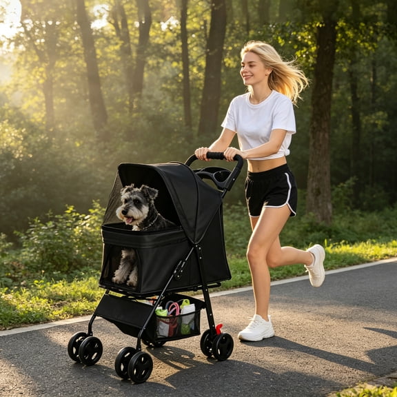 WRXELAN 4 Wheels Pet Stroller Dog Cat Stroller for Small Medium Dog Cats Foldable Carrier Jogger Travel Puppy with Storage Basket and Cup Holder (Black)