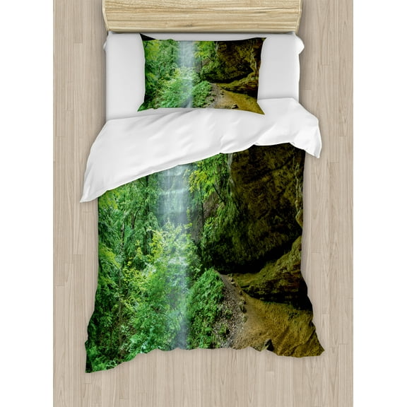 Nature Duvet Cover Set, Canyon Michigan Caves Memorial Falls in the Forest Eco Foliage Picture, Decorative 2 Piece Bedding Set with 1 Pillow Shams, Twin Size, Army and Fern Green, by Ambesonne