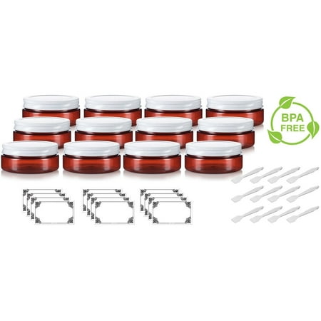 Amber Leaf Metal Box 4 oz / 120 ml Amber PET Plastic (BPA Free) Refillable Extra Low Profile Jar with White Metal Lid (12 PACK) + Spatulas and Labels ()
