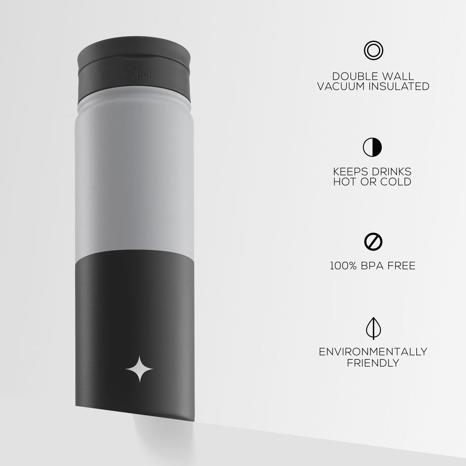 JoyJolt Triple Insulated Water Bottle with Flip Lid & Sport Straw Lid - 22 oz - Grey/Black