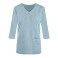 thumbnail image 4 of Olyvenn Fashion Scrubs for Women Solid Color V Neck 3/4 Sleeve Dressy Nursing Tops with Pockets Stretchy Workwear Uniform Shirts Light Blue 14, 4 of 5