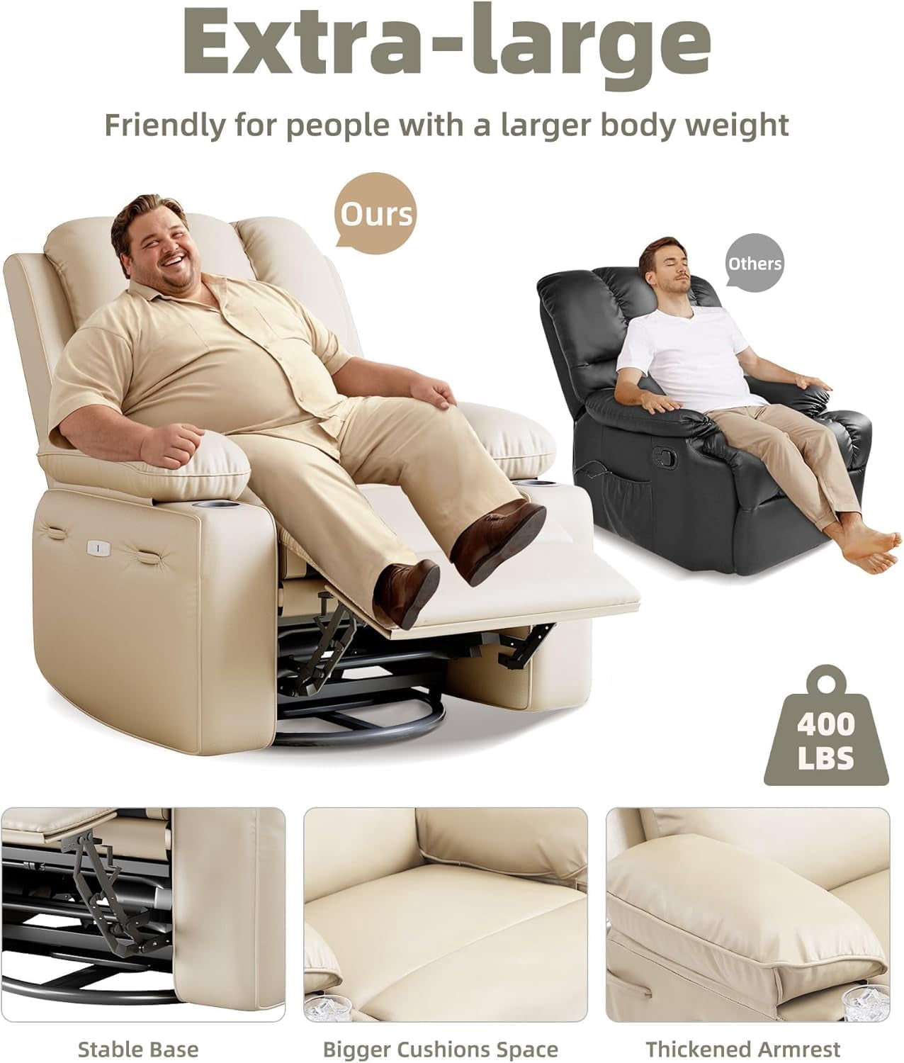 Oversized Electric Power Recliner Chair with Heat & Massage - 360° Swivel Rocker Recliner for Living Room, PU Leather Recliner with 1.5X Sponge Filling, 22" Large Seat Lazyboy Style.