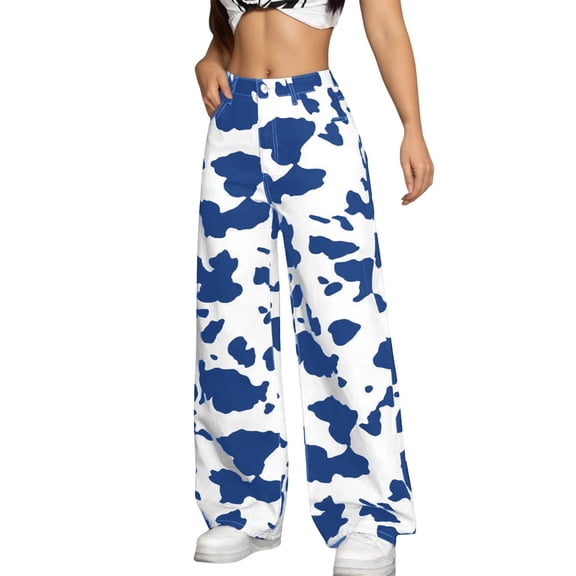RUTAYY Women's Pants Casual High Waist Wide Leg Cow Print Straight Leg Loose Fit Denim Style Comfortable Elegant Chic Trousers