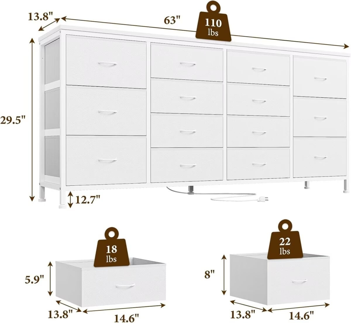 Dresser TV Stand for up to 75 Inch TV, 14 Drawer Dresser with Power Outlets & Wood Top, Long Fabric Dresser Organizer for Bedroom, Living Room, Entryway, White