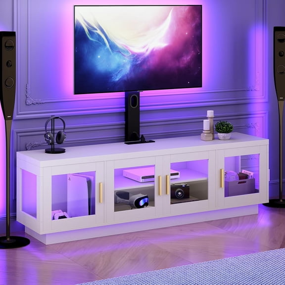 TV Stand with Mount and Power Outlet, Swivel TV Stand Mount with LED Lights for 32/45/55/60/65/70/75 inch TVs, Entertainment Center Media Console with Height Adjustable Mount, White and Black