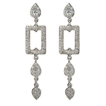 CZ EAR1433 C. Z. Square Outline With Hanging Drops Rhodium - . 925 - Sterling Silver Earrings