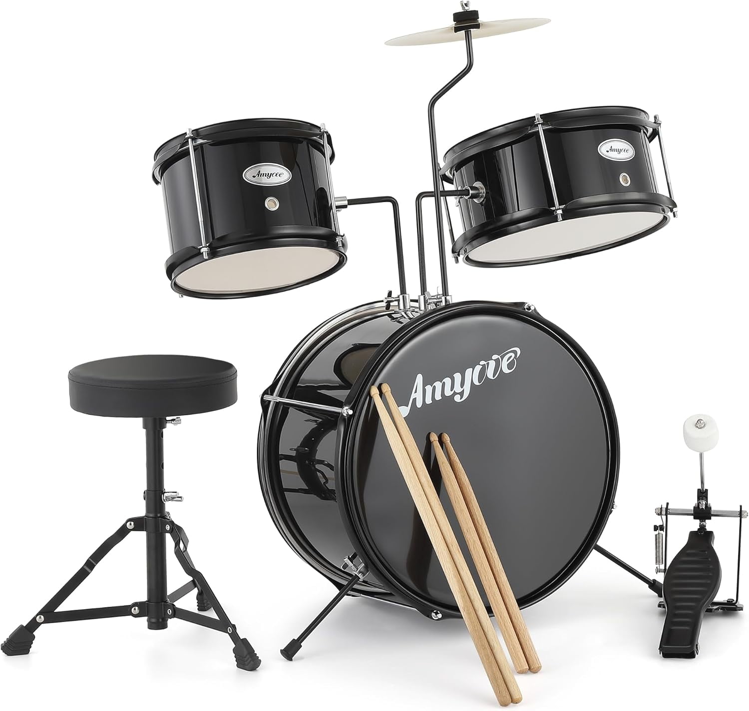 3-Piece Drum Set, Wood & Metal Construction, Includes Bass Drum, 2 Toms, Cymbal, Sticks, Bass Pedal & Stool, Complete Beginner Percussion Kit, Dark Black