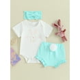 thumbnail image 2 of Bagilaanoe 3pcs Newborn Baby Girl Easter Outfits Shorts Set Short Sleeve Letter Print Romper Tops + Ruffle Shorts + Headband 3M 6M 12M 18M Infant Casual Summer Clothes, 2 of 8
