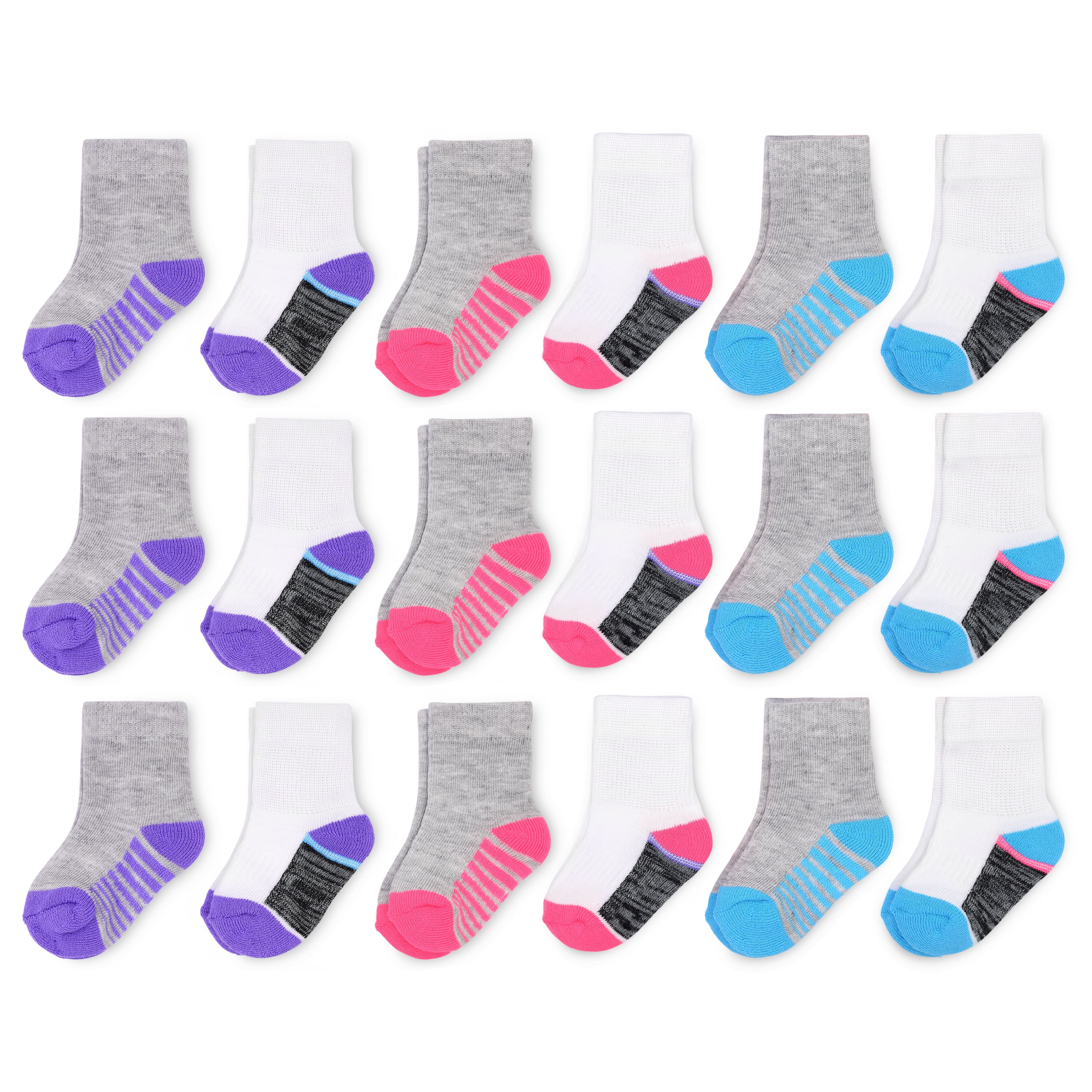 Fruit of the Loom Baby and Toddler Girl Cushion Crew Socks, 18-Pack, Sizes 6M-5T