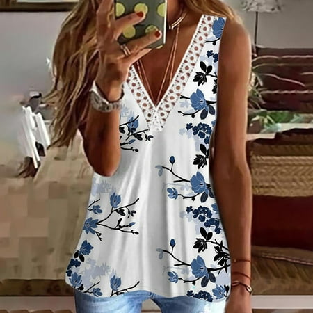 Savings up to 60% Off! SHOPESSA Fashion Woman V-Neck Summer Sleeveless Blouse Lace Tank Causal Printing Tops on Clearance Faves for Less Great Gifts for Less Early Access Deals