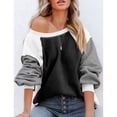 thumbnail image 2 of Sudadera de lana difusa con cuello redondo para mujer, informal, de moda, con manga larga abombada, color block, color negro, XL, 2 of 6