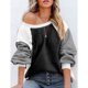 thumbnail image 2 of Sudadera de lana difusa con cuello redondo para mujer, informal, de moda, con manga larga abombada, color block, color negro, M, 2 of 6