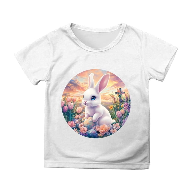 MIASHUI T-Shirt Garçon Mignon avec Imprimé Lapin, Filles Joyeuses Pâques, Blanc, 4-5 Ans