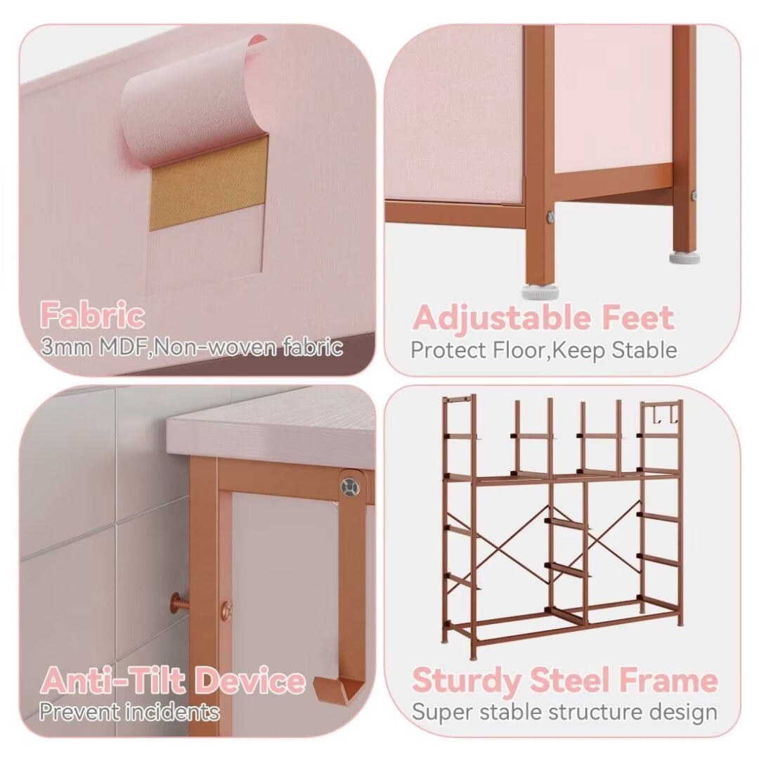 Dresser for Bedroom with 12 Drawers, Wide Fabric Dressers of Drawers with Side Pockets, Chest of Drawers for Living Room, Closet, Hallway, Pink