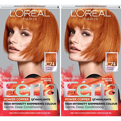 L'Oreal Paris Feria Multi-Faceted Shimmering Permanent Hair Color Dye, C74  Intense Copper, 2 Pack 