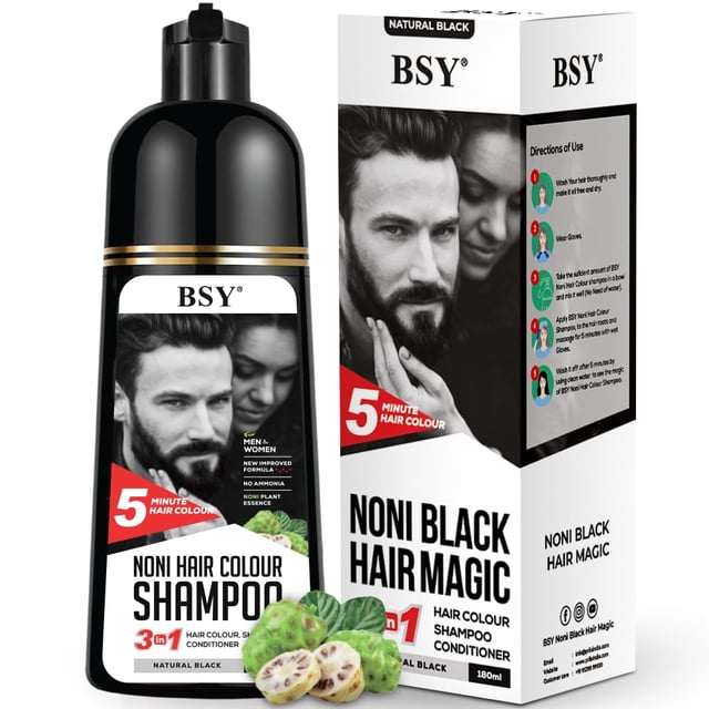 Champú para color de cabello BSY Noni - 6 fl oz - Paquete de bomba | Sin amoníaco | 3 en 1 - Champú Acondicionador para Tinte Capilar para Mujeres y Hombres | Color de cabello permanente negro natural
