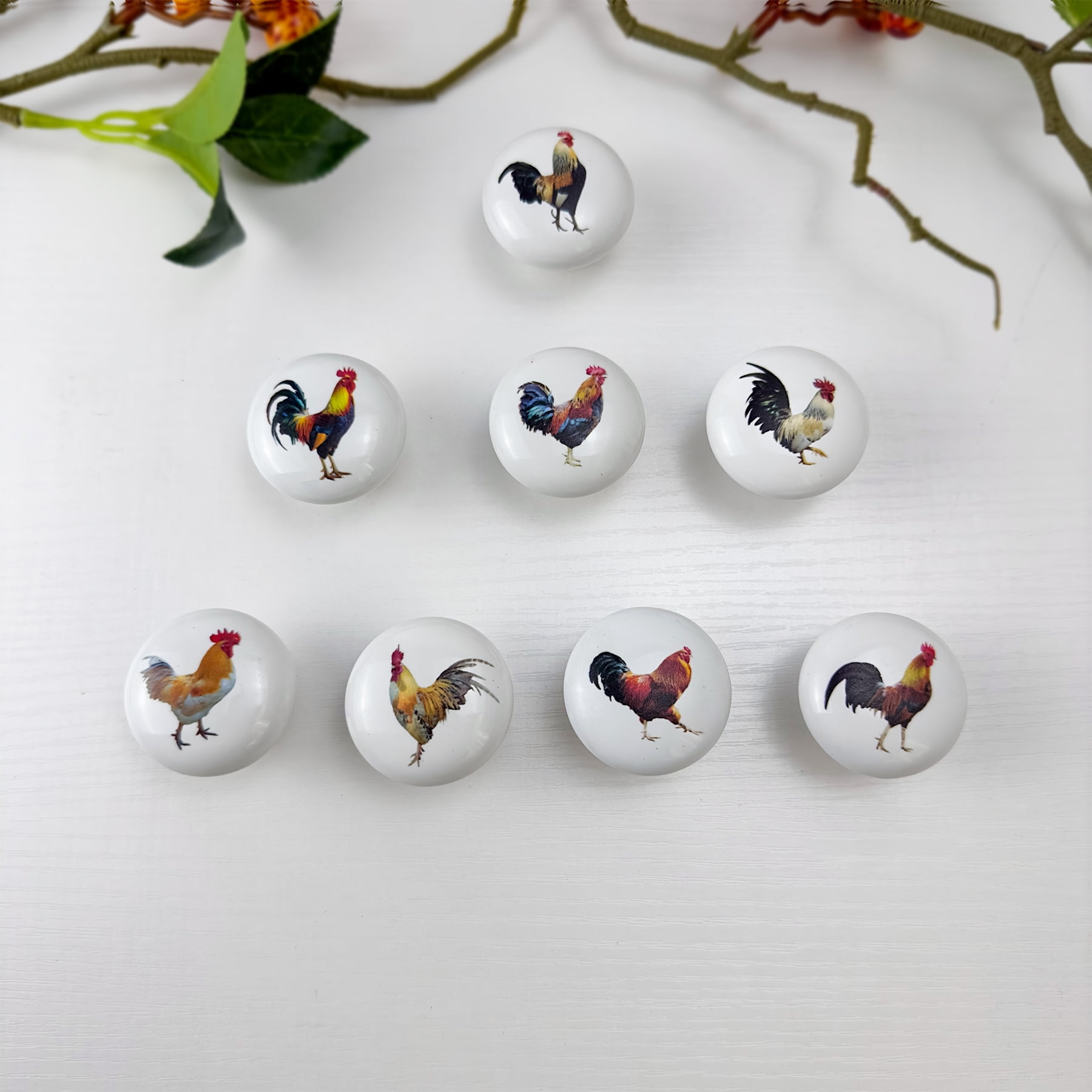 Jamjam Ceramic Animal Cabinet Knob 8Pack Rustic Farmhouse Colorful Chicken Dresser Drawers Knobs Pulls 1.5 X 1.5 Inches