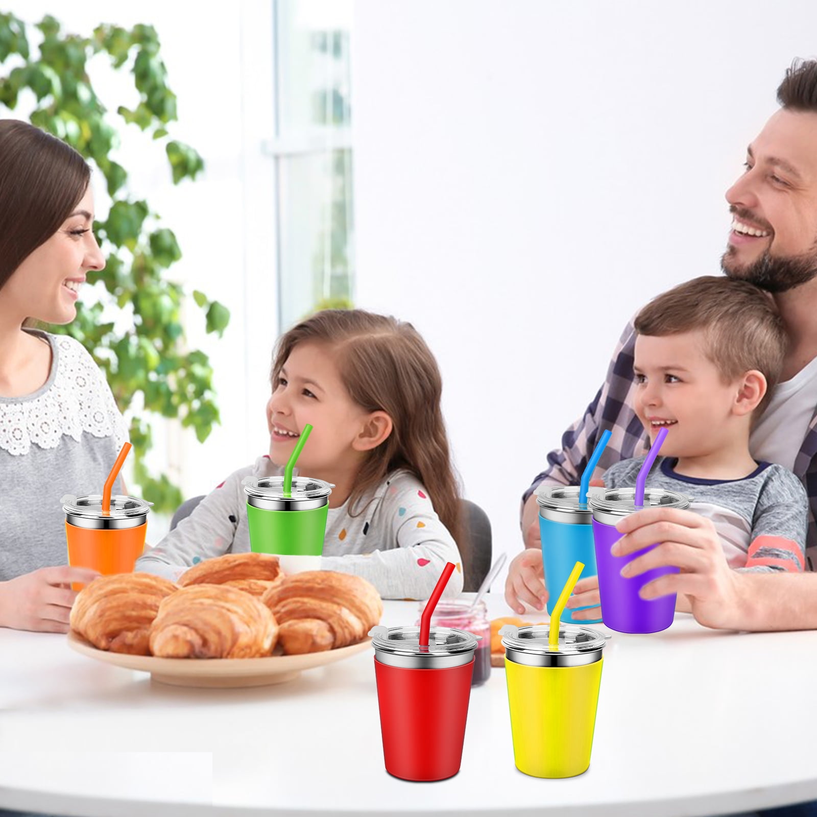 SSAWcasa 12oz Kids Cups, 6Pcs Spill-Proof Toddler Straw Cups with Slicone Sleeves, Stainless Steel Kids Sippy Cups with Straws and Lids, Unbreakable Tumblers for Cold & Hot Drinks