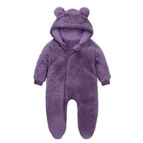 Riecok Baby Boy Girls Winter Warm Rompers Fleece Thick Onesie Cute Bear Ears Hooded Winter Infant Clothes Purple 6 Months