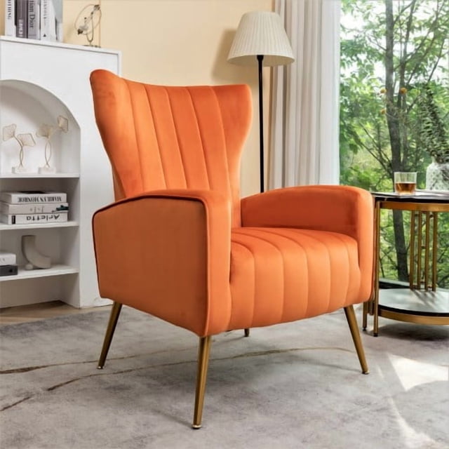 Silla de acento de terciopelo con patas de metal, sillón tapizado moderno, silla lateral de espalda para salón dormitorio pequeños espacios
