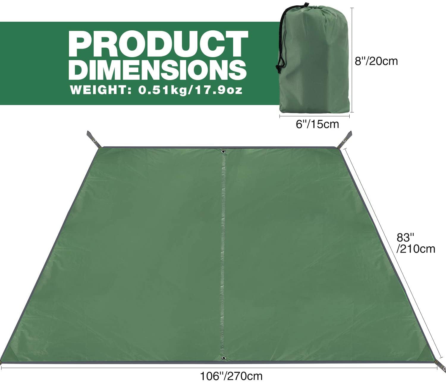 Black/Blue/Green REDCAMP Waterproof Camping Tarp Lightweight to Cover Sun or Rain Small/Large 8 Sizes Compact Tent Tarp Footprint for Ground or Under Tent