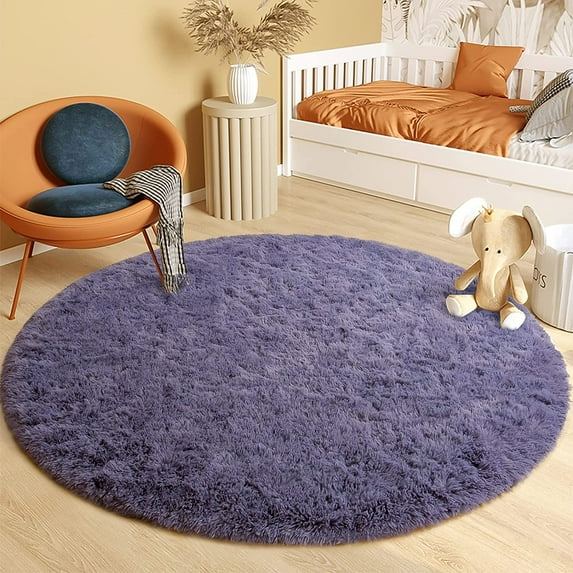 TWINNIS Round Rug Soft Fluffy Circle Rugs Shaggy Area Carpets for Bedroom, Baby Room,Nursery Room,4'x4',Gray Purple