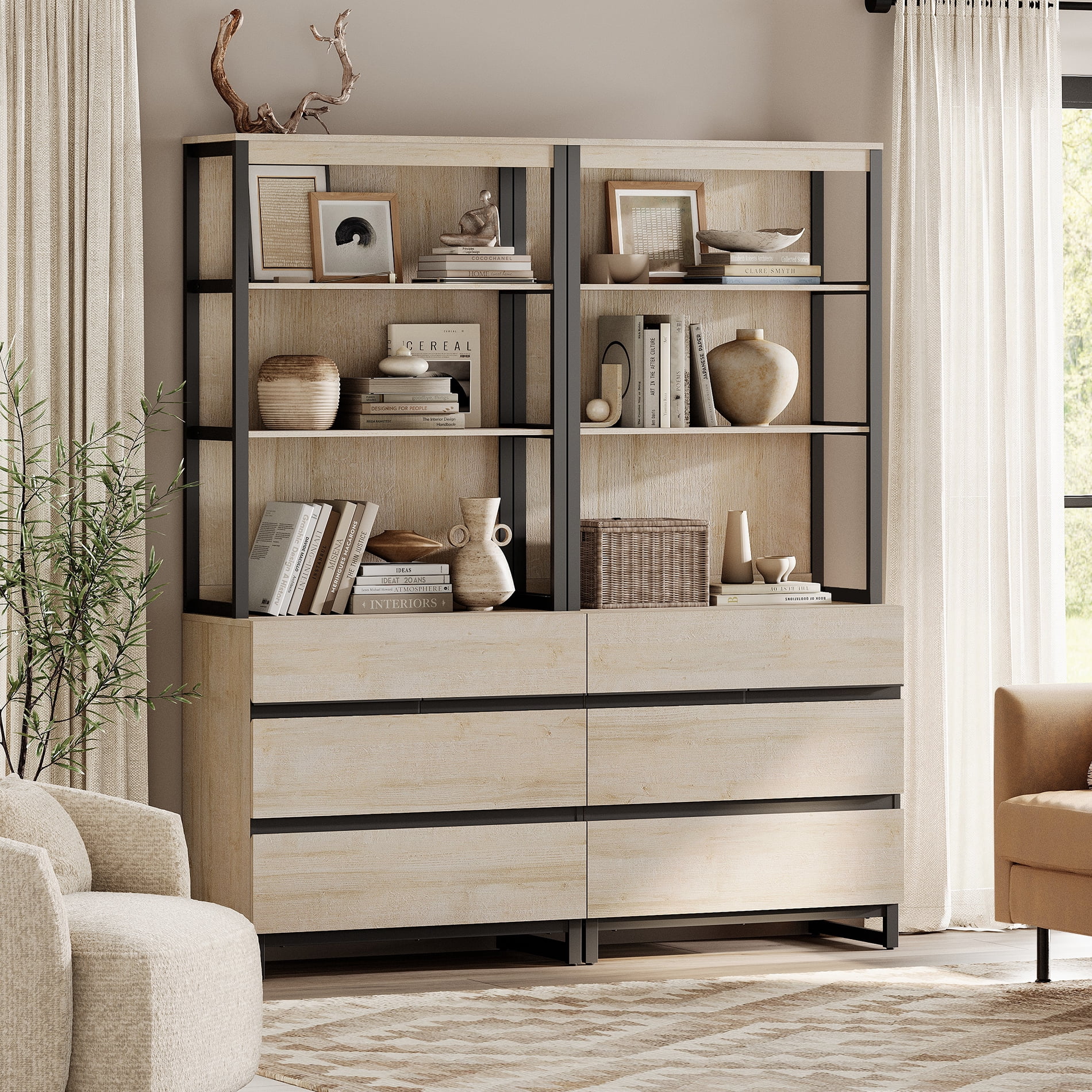 WAMPAT 2 PCS Modern 72" Tall Bookcase with 6 Drawers and Open Book Shelfs, Library Book Shelf with Storage Cabinet and Metal Base, Wood Freestanding Bookshelves for Home Office, Living Room, Beige