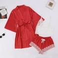 thumbnail image 4 of HNMKIU Women's Satin Pajama Set Floral Lace Trim Sleepwear Nightwear With Matching Robe Red,S, 4 of 6