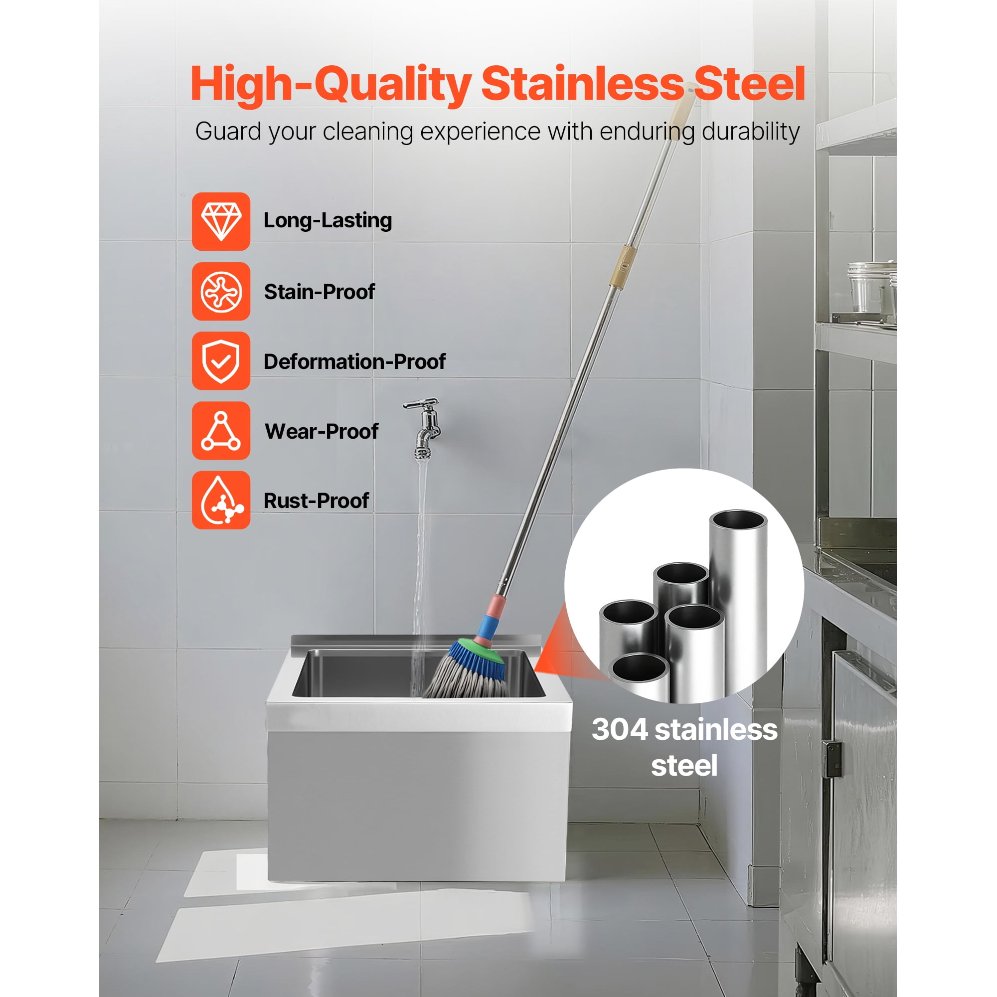 KFFKFF Stainless Steel Wall-Mounted Mop Sink, 22 x 19 x 12 in, 304 Stainless Steel Construction, Includes Backsplash, Multi-Function Filter, and X-Shaped Drainage Design,Ideal for Balcony or Bathroom