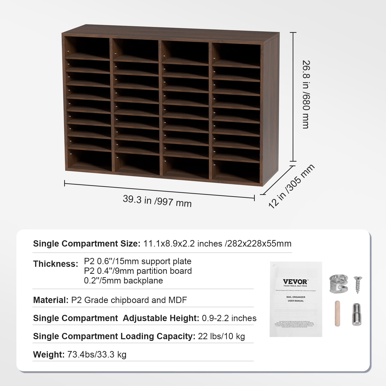 VEVOR Wood Literature Organizer Adjustable File Sorter 36 Compartments Countertop Literature Organizer Paper Storage Holder Brown