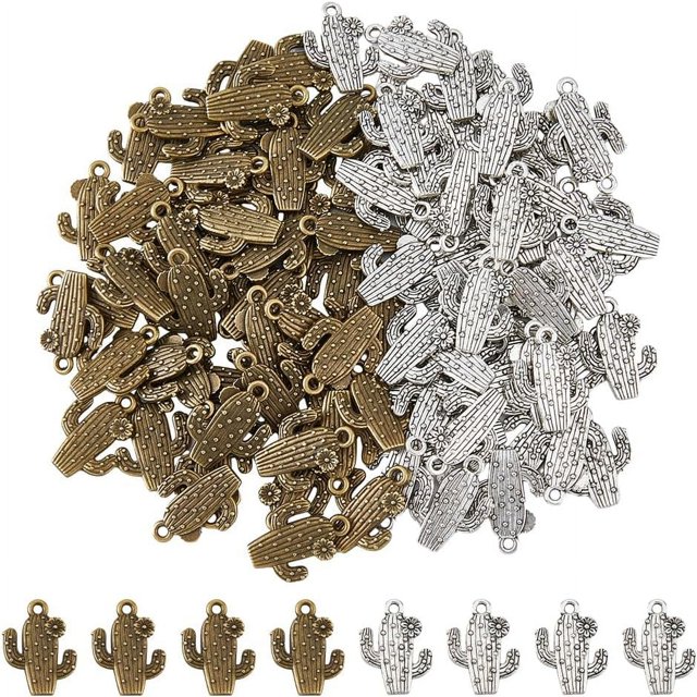 100 colgantes de aleación tibetana con forma de cactus, 2 colores, para hacer joyas. Agujero: 1,5/1,8 mm.