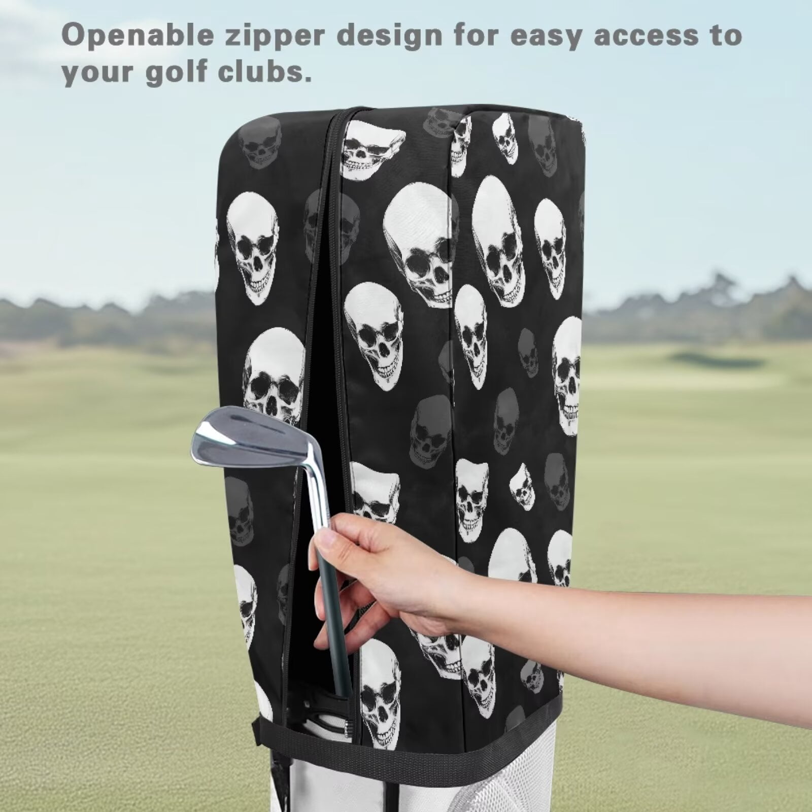 Chririnla Black Skull Fashion Golf Bag Rain Cover Waterproof Hood with Snap Button Dust & UV Protection Universal Fit for Most Tour Bags, Cart Bags & Stand Bags
