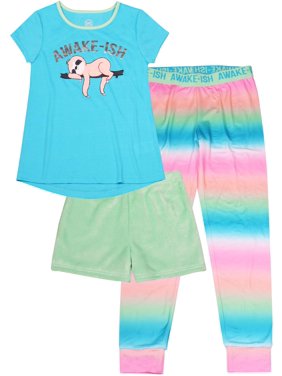 Wonder Nation Girls Exclusive 4-16 & Plus 3-Piece Pajama Set with Fuzzy Shorts, Super Soft Pants & Matching Graphic Tee