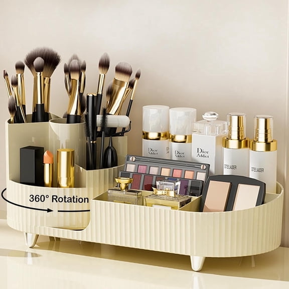 Govvep Rotating Makeup Organizer, 360° Spinning Cosmetic Storage for Vanity with Brush Holder, Skincare & Perfume Display Rack, Ivory