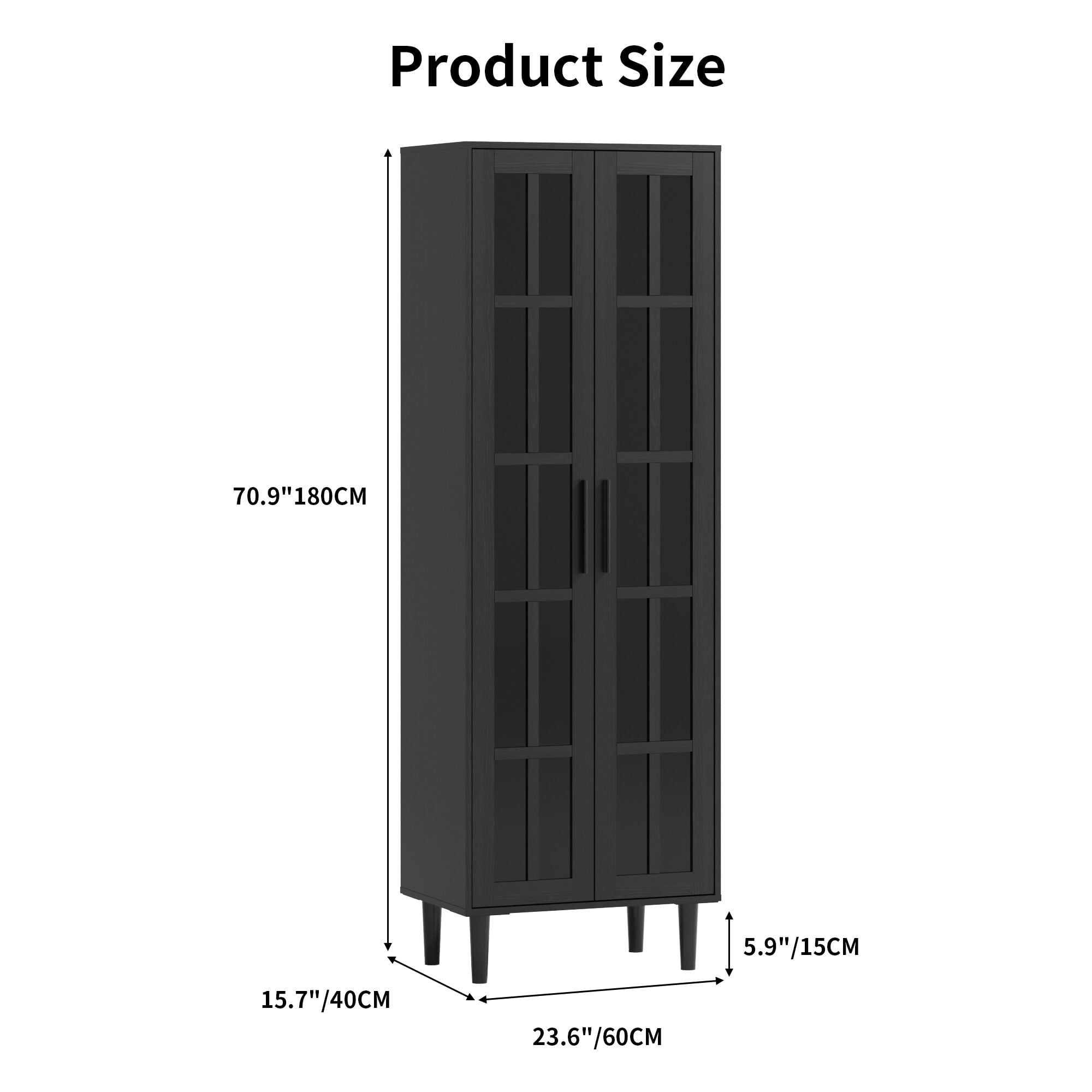 RichYa 71"H Tall Bookcase with Glass Door,2 Doors Display Bookshelf with Metal Legs,5 Tier Storage Cabinets for Living Room,Home Office,Black(A)