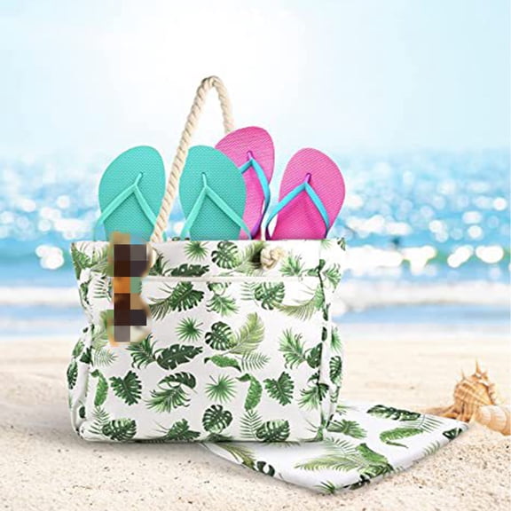 Tropical Summer Beach Bag for Women Tote with Palm Tree Leaf Print Large Canvas Shoulder Bag Reusable Grocery with Zipper Pocket for Pool Travel by PALIFEUR