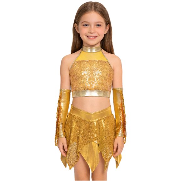 Runhomal Girls Hip Hop Dance Dress Outfit Sequin Jazz Dance Set Crop Top with Asymmetrical Skirt Tassel Gloves Gold 6