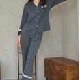 thumbnail image 4 of Xfvqtps Womens Pajama Set 2 PCS Top and Pants Solid Color Lace Long Sleeve Long Leg Flip Collar Open Front with Button Cozy Comfortable Soft House Casual Nightwear Dark Gray, 4 of 9
