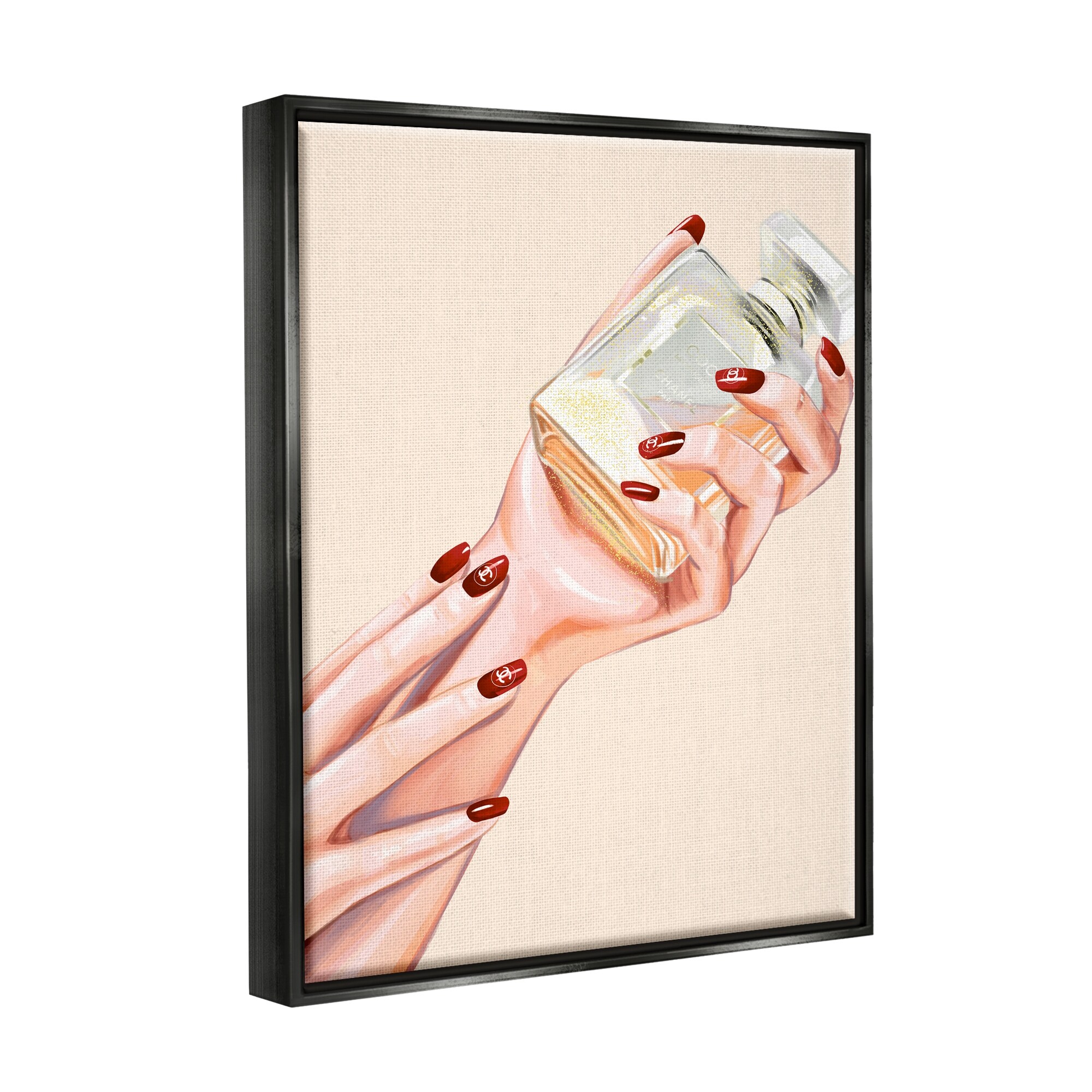 Stupell Industries Chic Red Nail Polish Holding Perfume Bottle Jet Black Framed Floating Canvas Wall Art, 16x20, by Ziwei Li
