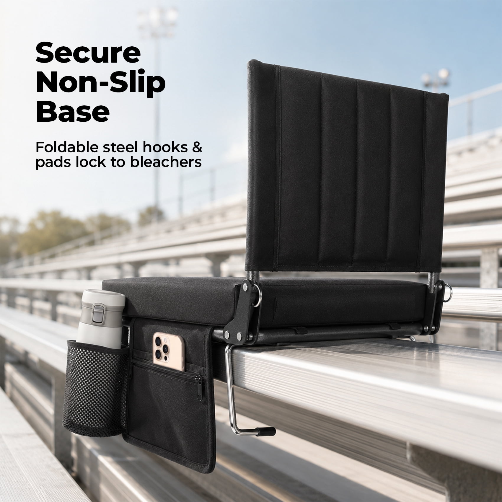 Alvantor Stadium Seat for Bleachers with Back Support, Portable Bleacher Seat with Wide Comfy Padded Cushion, Metal Hook, Folding Stadium Chair with Shoulder Strap, Carry Handle, Cup Holder