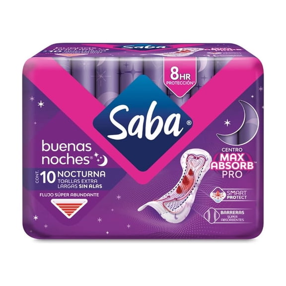 Toallas femeninas Saba Buenas Noches nocturna extra larga sin alas flujo súper abundante 10 pzas