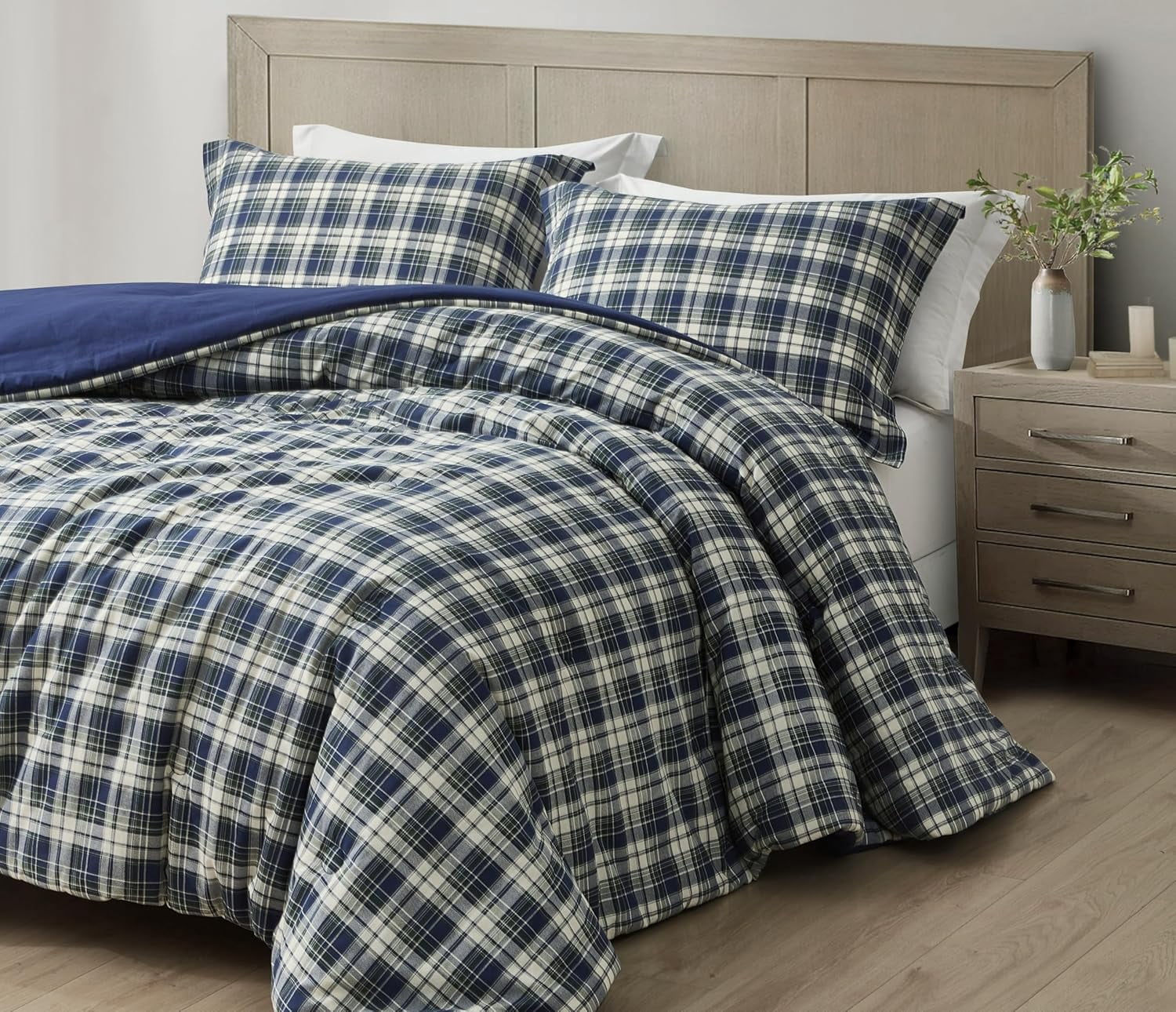 Chezmoi Collection Chad 2-Piece Washed Cotton Comforter Set Twin Size, Blue Green Light Beige Plaid Printed Bedding Set Reversible Lightweight Comforter for All Season