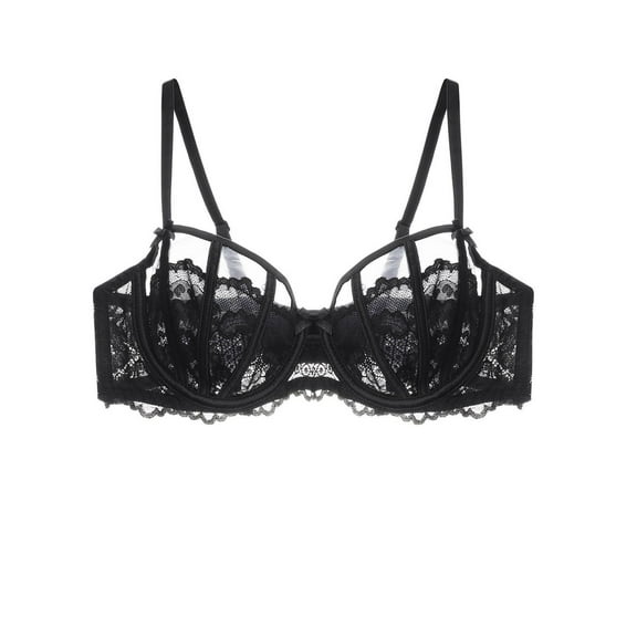 Women's Sexy Lace Bra Underwire Balconette Unlined Demi Sheer Plus Size（Black,42D)