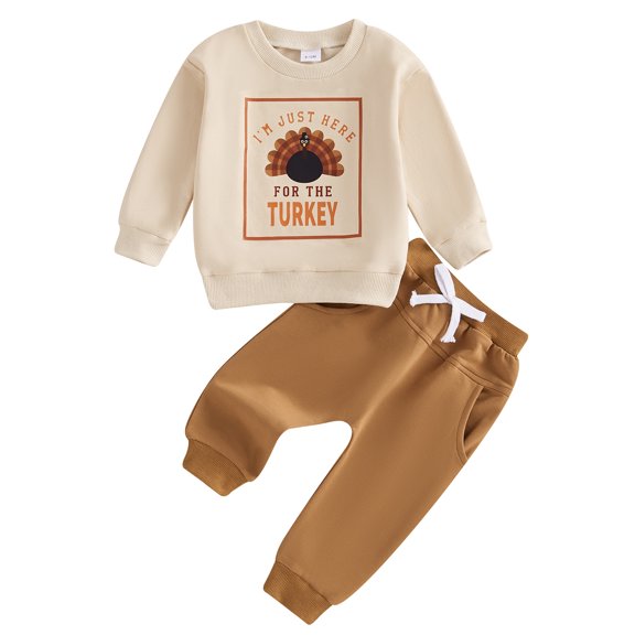 Baby Toddler Boy Thanksgiving Outfit, 0 6 12 18 24 Months 2T 3T Turkey Letter Print Pullover Sweatshirt Elastic Waist Pants 2 Piece Clothing Set for Fall