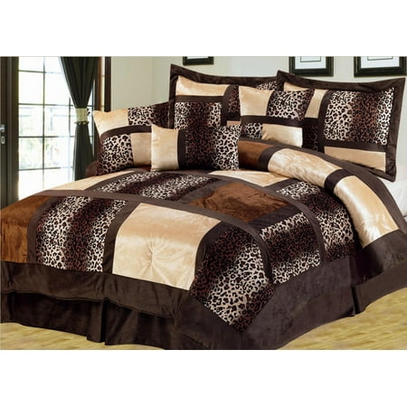 7 Piece Leopard Patchwork Faux Fur Microfiber Comforter