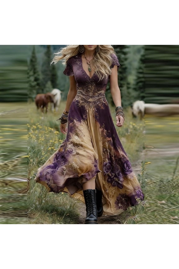 Summer Maxi Dress for Women 2026 Bohemian Fashion Floral Print V-Neck Short Sleeve High Waist Casual Flowy Swing Vintage Long Dress Elegant Vacation Dresses Purple M