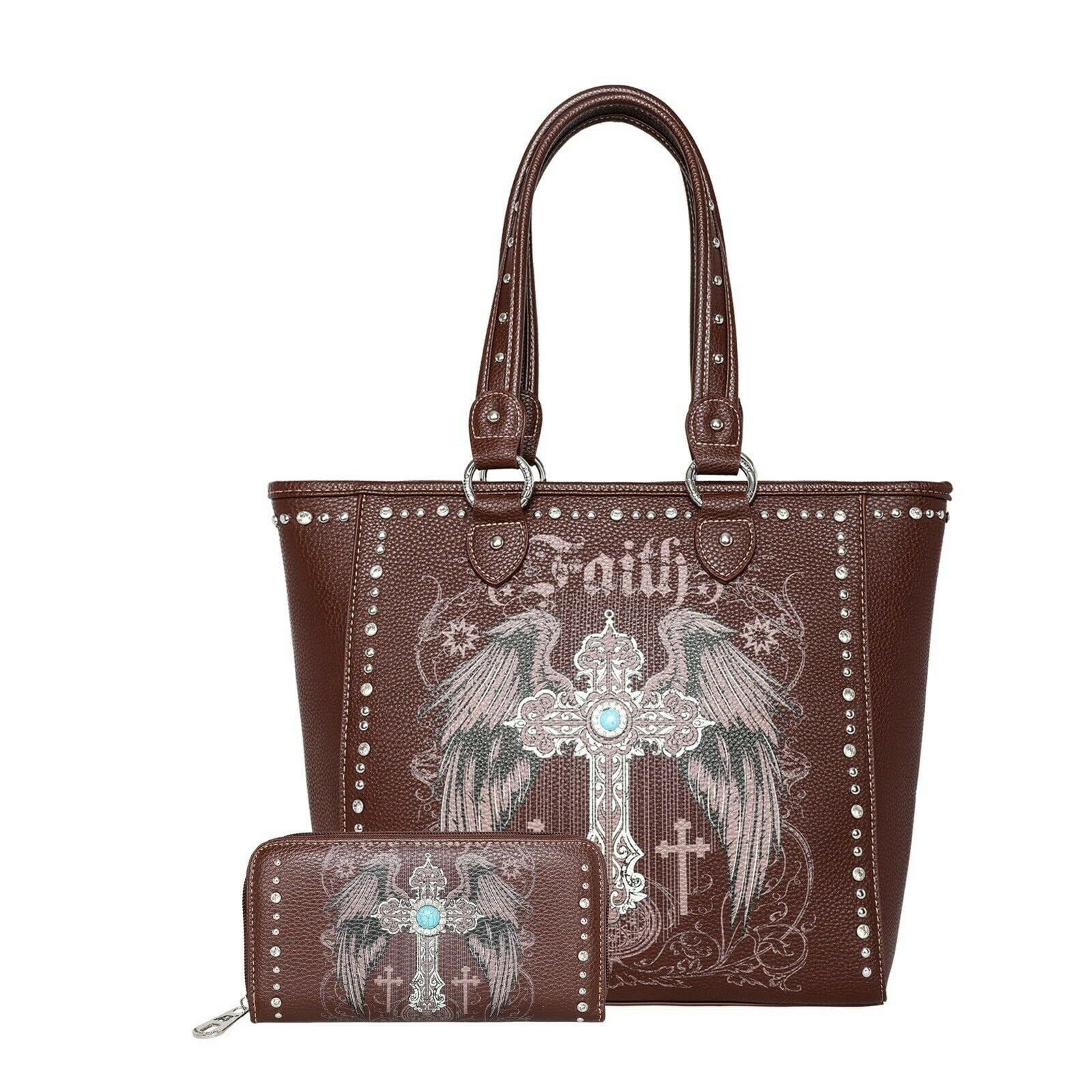 American Bling Cross Faith Purse Wallet Angel Wings Satchel Set Black