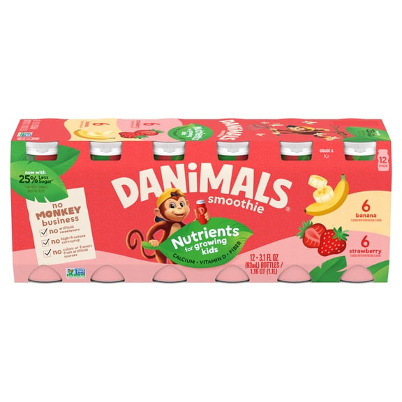 Danimals Smoothie Strawberry and Banana Split Low Fat Dairy Drink Smoothie Bottles, Multi-Pack, 3.1 fl oz, 12 Count​